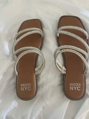 Madden NYC Women's White Crystal Multi-Strap Slide Sandals